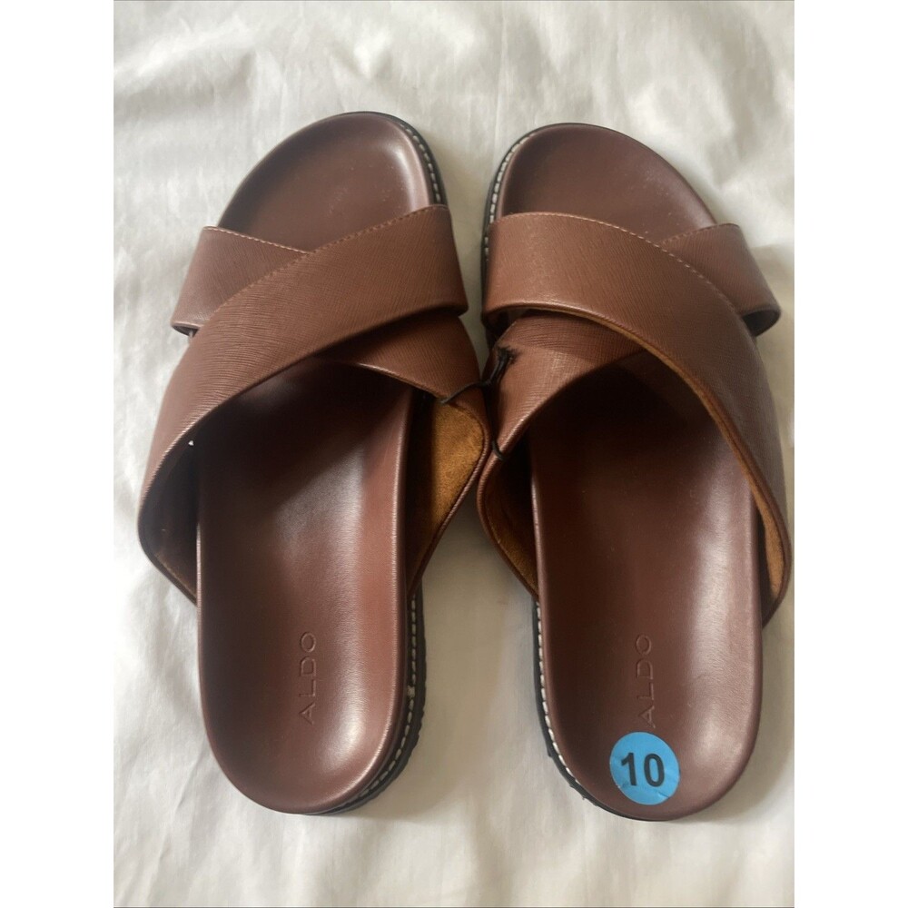 Aldo Size 10 Men’s Brown Faux Leather Slide Sandals Brand New